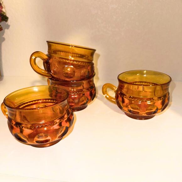 Vintage Amber Glass Thumbprint Cups | Set of 4 | Warm Fall Midcentury MCM - Picture 8 of 11